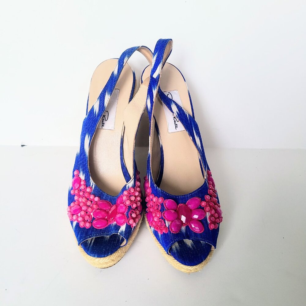 Oscar De La Renta Blue/White Print Slingback Espadrille Wedge Sandal Heels EU 40 - Picture 3 of 9